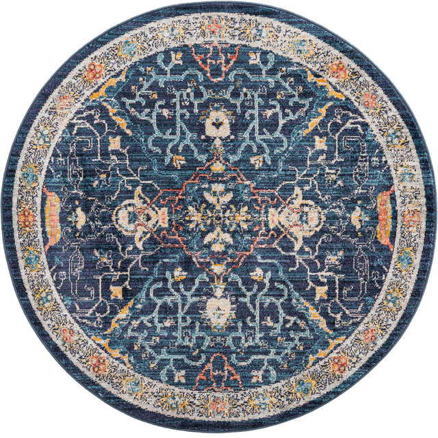 Navy Blue 5' 2 x 5' 2 Lola Round Area Rug Polypropylene With Jute Backing Traditional Pattern Easy Clean Carpet for Home Interior Design for Sale at Rug Engine