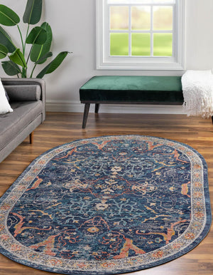 Navy Blue 5' 3 x 8' Lola Oval Area Rug Polypropylene With Jute Backing Traditional Pattern Easy Clean Carpet for Home Interior Design for Sale at Rug Engine