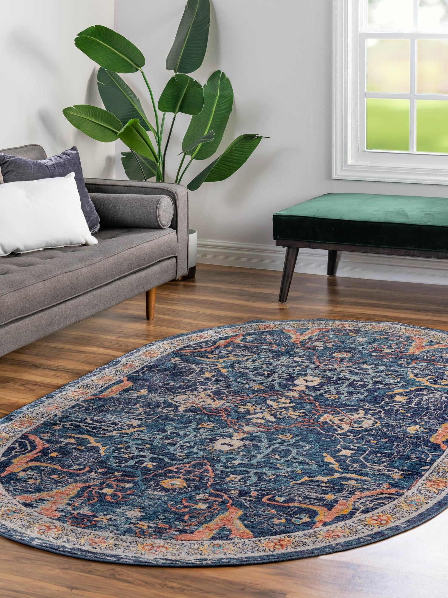 Navy Blue 7' 10 x 10' 2 Lola Oval Area Rug Polypropylene With Jute Backing Traditional Pattern Easy Clean Carpet for Home Interior Design for Sale at Rug Engine
