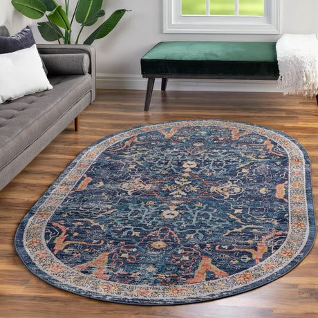 Navy Blue 5' 3 x 8' Lola Oval Area Rug Polypropylene With Jute Backing Traditional Pattern Easy Clean Carpet for Home Interior Design for Sale at Rug Engine