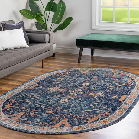 Navy Blue 5' 3 x 8' Lola Oval Area Rug Polypropylene With Jute Backing Traditional Pattern Easy Clean Carpet for Home Interior Design for Sale at Rug Engine