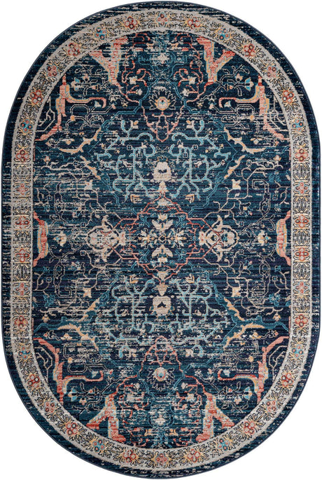 Navy Blue 5' 3 x 8' Lola Oval Area Rug Polypropylene With Jute Backing Traditional Pattern Easy Clean Carpet for Home Interior Design for Sale at Rug Engine