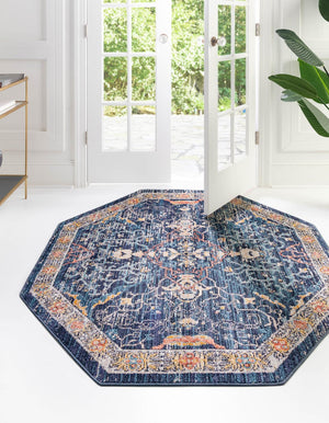 Navy Blue 5' x 5' Lola Octagon Area Rug Polypropylene With Jute Backing Traditional Pattern Easy Clean Carpet for Home Interior Design for Sale at Rug Engine