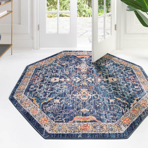 Navy Blue 3' 11 x 3' 11 Lola Octagon Area Rug Polypropylene With Jute Backing Traditional Pattern Easy Clean Carpet for Home Interior Design for Sale at Rug Engine