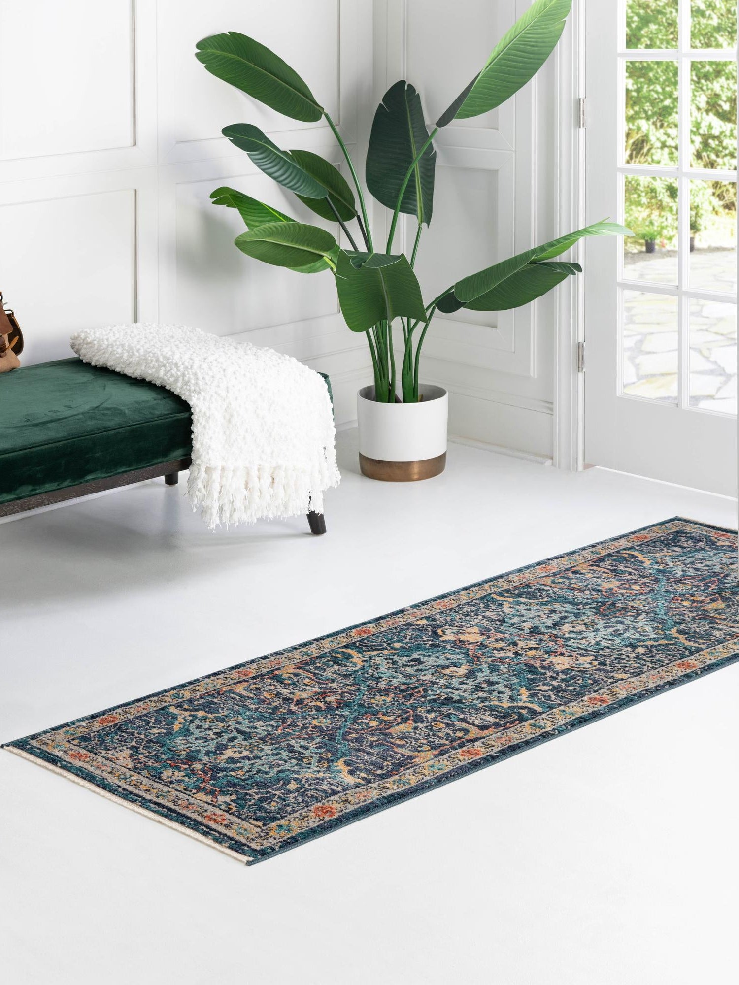 Navy Blue 2' x 8' Lola Runner Area Rug Polypropylene With Jute Backing Traditional Pattern Easy Clean Carpet for Home Interior Design for Sale at Rug Engine
