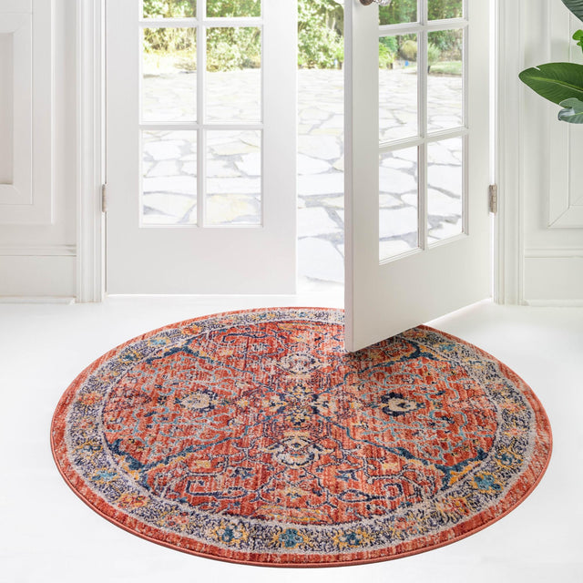 Brick Red 7' x 7' Lola Round Area Rug Polypropylene With Jute Backing Traditional Pattern Easy Clean Carpet for Home Interior Design for Sale at Rug Engine