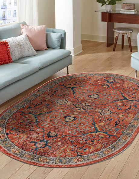 Brick Red 5' 3 x 8' Lola Oval Area Rug Polypropylene With Jute Backing Traditional Pattern Easy Clean Carpet for Home Interior Design for Sale at Rug Engine