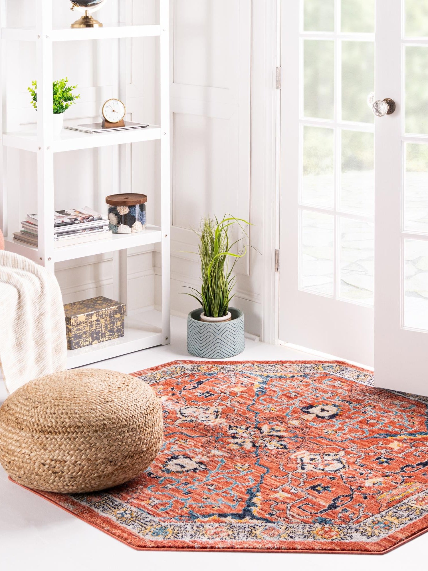 Brick Red 7' 10 x 7' 10 Lola Octagon Area Rug Polypropylene With Jute Backing Traditional Pattern Easy Clean Carpet for Home Interior Design for Sale at Rug Engine