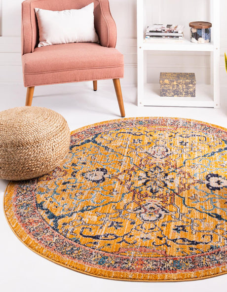 Yellow 7' x 7' Lola Round Area Rug Polypropylene With Jute Backing Traditional Pattern Easy Clean Carpet for Home Interior Design for Sale at Rug Engine
