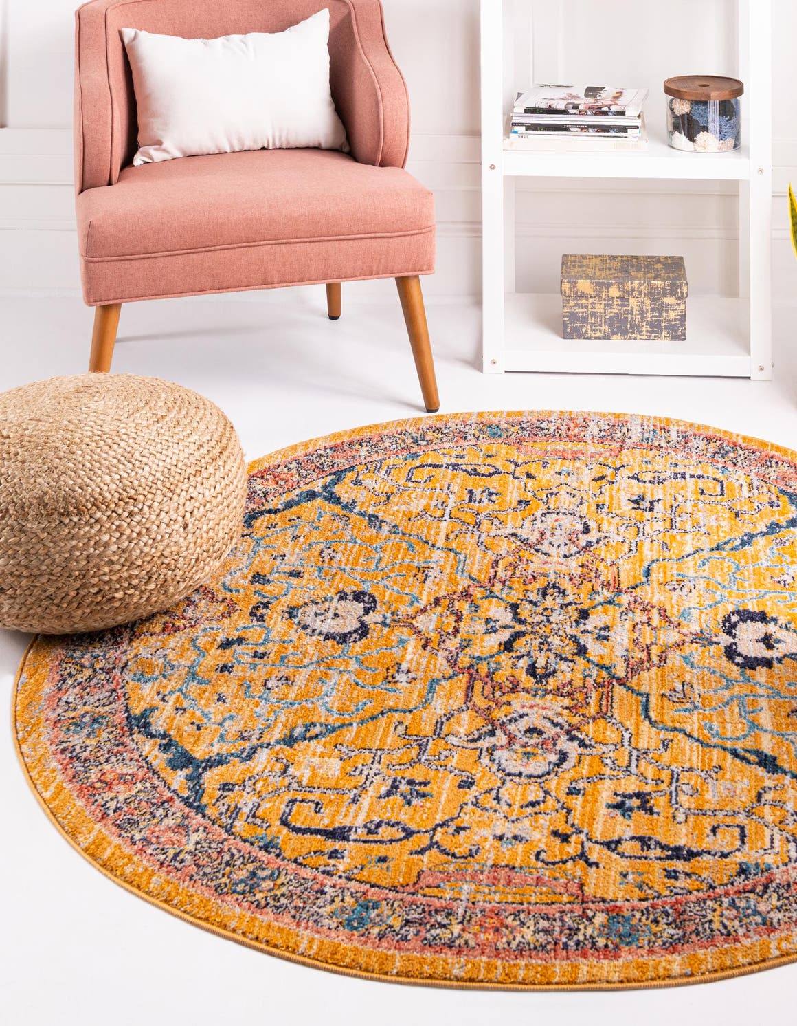 Yellow 5' 2 x 5' 2 Lola Round Area Rug Polypropylene With Jute Backing Traditional Pattern Easy Clean Carpet for Home Interior Design for Sale at Rug Engine