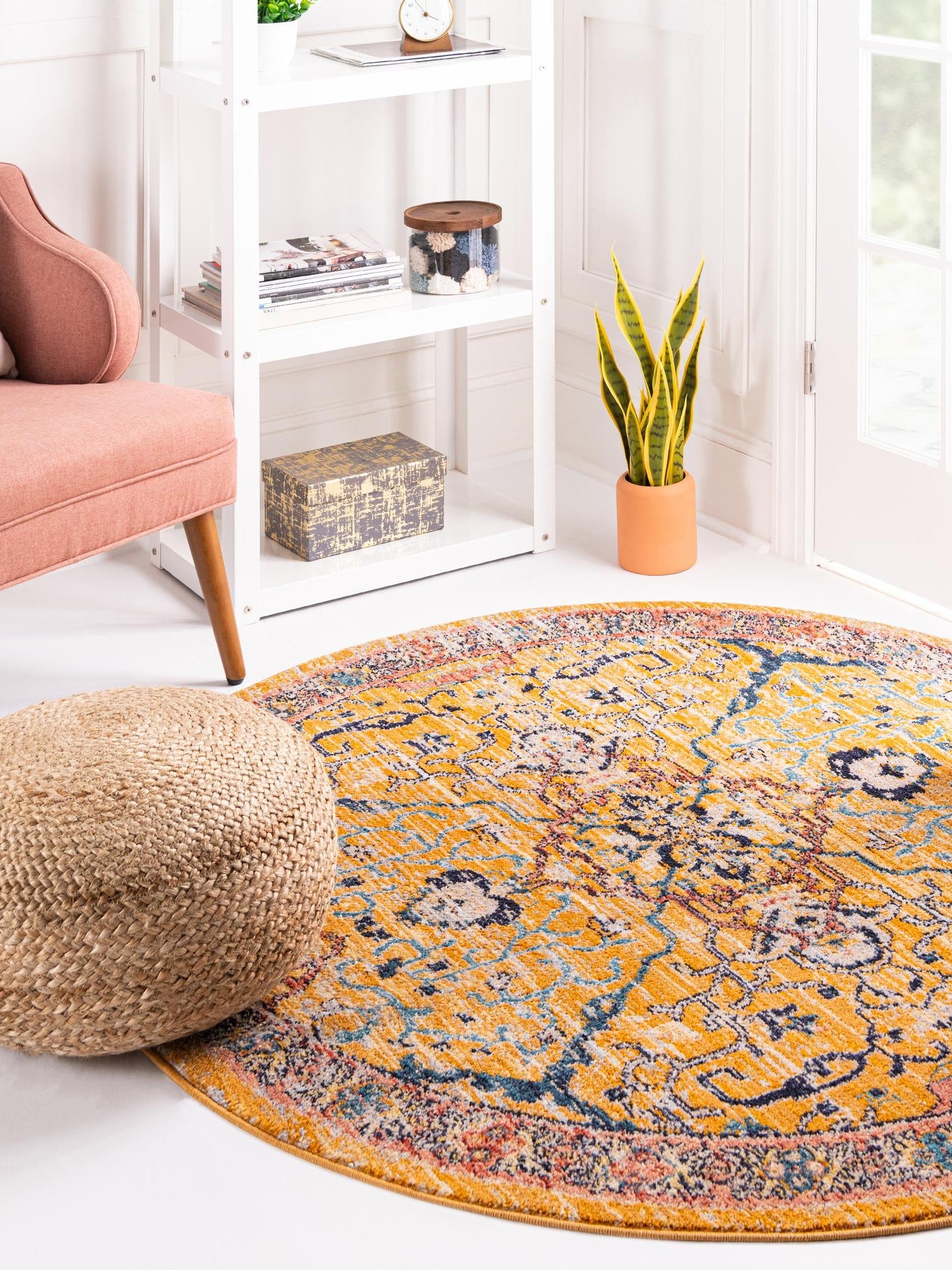 Yellow 5' 2 x 5' 2 Lola Round Area Rug Polypropylene With Jute Backing Traditional Pattern Easy Clean Carpet for Home Interior Design for Sale at Rug Engine