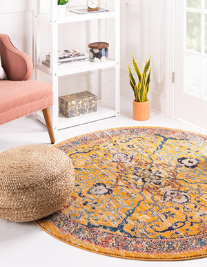 Yellow 5' 2 x 5' 2 Lola Round Area Rug Polypropylene With Jute Backing Traditional Pattern Easy Clean Carpet for Home Interior Design for Sale at Rug Engine