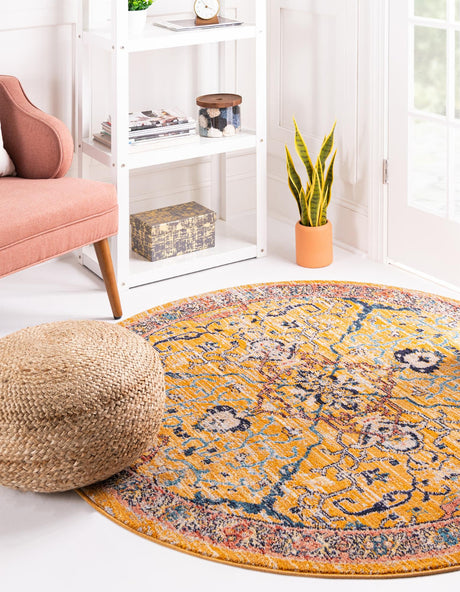 Yellow 3' 11 x 3' 11 Lola Round Area Rug Polypropylene With Jute Backing Traditional Pattern Easy Clean Carpet for Home Interior Design for Sale at Rug Engine