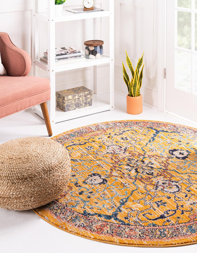 Yellow 3' 11 x 3' 11 Lola Round Area Rug Polypropylene With Jute Backing Traditional Pattern Easy Clean Carpet for Home Interior Design for Sale at Rug Engine