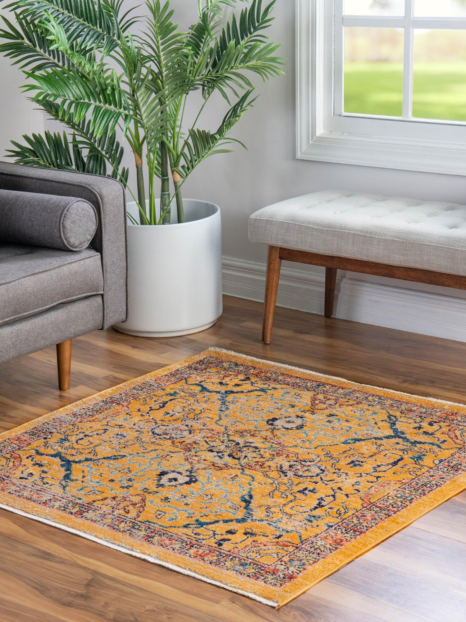 Yellow 6' 1 x 6' 1 Lola Square Area Rug Polypropylene With Jute Backing Traditional Pattern Easy Clean Carpet for Home Interior Design for Sale at Rug Engine