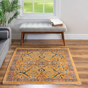 Yellow 3' 11 x 3' 11 Lola Square Area Rug Polypropylene With Jute Backing Traditional Pattern Easy Clean Carpet for Home Interior Design for Sale at Rug Engine