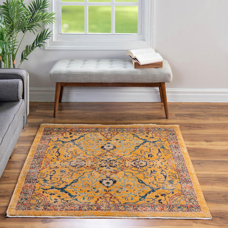 Yellow 3' 11 x 3' 11 Lola Square Area Rug Polypropylene With Jute Backing Traditional Pattern Easy Clean Carpet for Home Interior Design for Sale at Rug Engine
