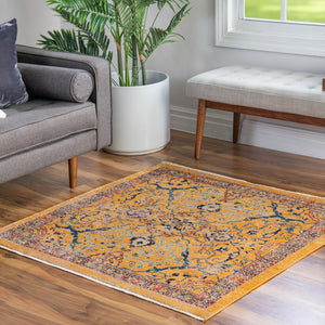 Yellow 3' 11 x 3' 11 Lola Square Area Rug Polypropylene With Jute Backing Traditional Pattern Easy Clean Carpet for Home Interior Design for Sale at Rug Engine