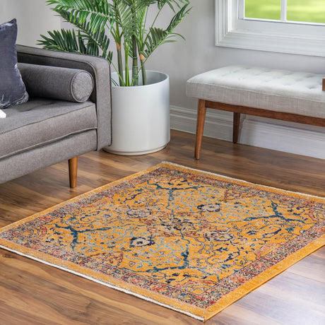 Yellow 3' 11 x 3' 11 Lola Square Area Rug Polypropylene With Jute Backing Traditional Pattern Easy Clean Carpet for Home Interior Design for Sale at Rug Engine