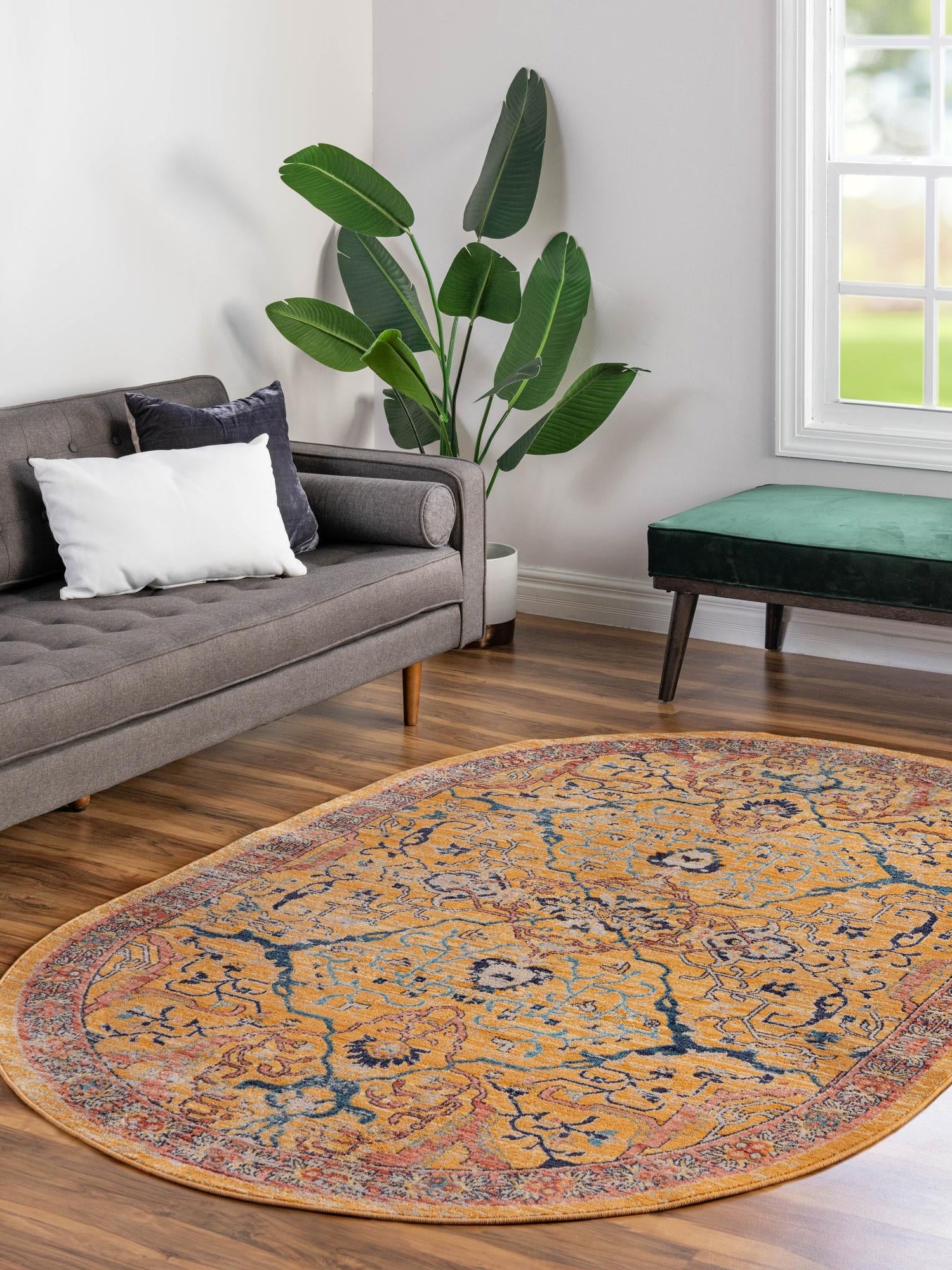 Yellow 5' 3 x 8' Lola Oval Area Rug Polypropylene With Jute Backing Traditional Pattern Easy Clean Carpet for Home Interior Design for Sale at Rug Engine