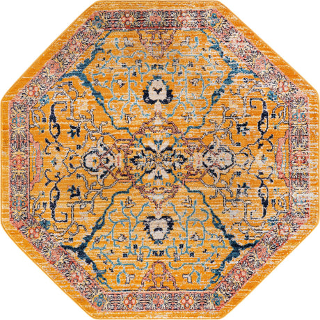 Yellow 5' x 5' Lola Octagon Area Rug Polypropylene With Jute Backing Traditional Pattern Easy Clean Carpet for Home Interior Design for Sale at Rug Engine