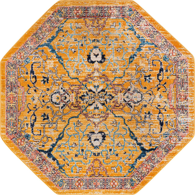 Yellow 5' x 5' Lola Octagon Area Rug Polypropylene With Jute Backing Traditional Pattern Easy Clean Carpet for Home Interior Design for Sale at Rug Engine