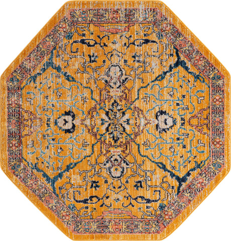 Yellow 5' x 5' Lola Octagon Area Rug Polypropylene With Jute Backing Traditional Pattern Easy Clean Carpet for Home Interior Design for Sale at Rug Engine