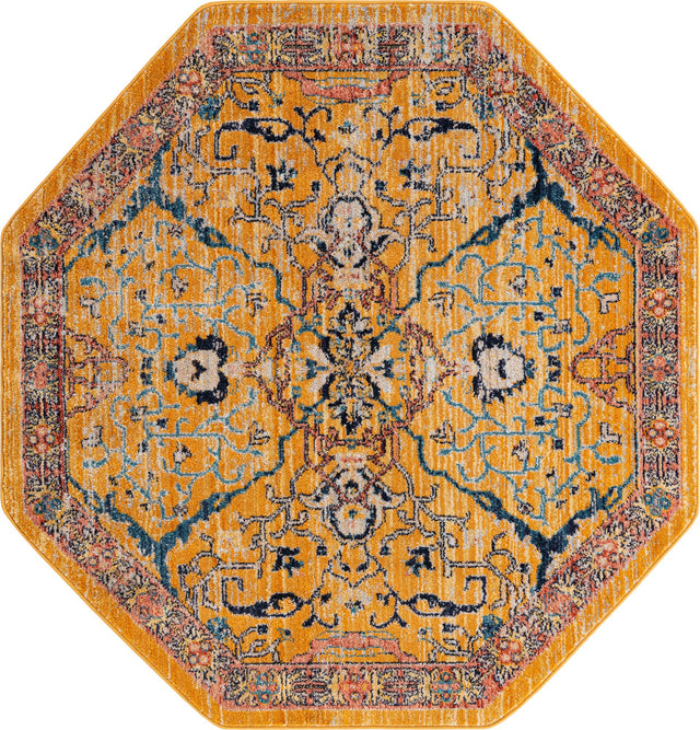 Yellow 5' x 5' Lola Octagon Area Rug Polypropylene With Jute Backing Traditional Pattern Easy Clean Carpet for Home Interior Design for Sale at Rug Engine
