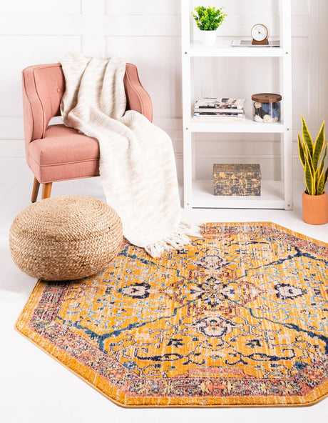 Yellow 3' 11 x 3' 11 Lola Octagon Area Rug Polypropylene With Jute Backing Traditional Pattern Easy Clean Carpet for Home Interior Design for Sale at Rug Engine