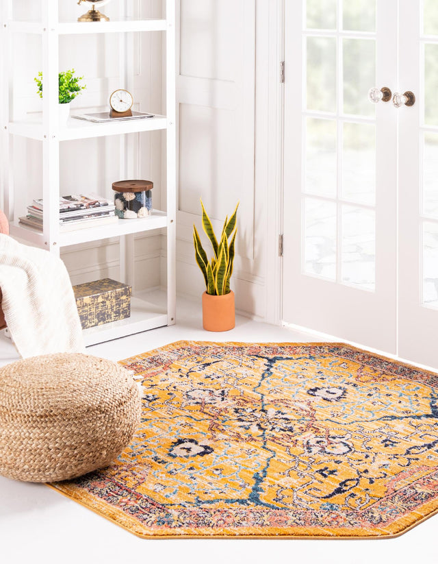 Yellow 7' 10 x 7' 10 Lola Octagon Area Rug Polypropylene With Jute Backing Traditional Pattern Easy Clean Carpet for Home Interior Design for Sale at Rug Engine