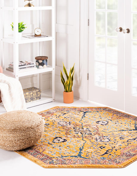Yellow 5' x 5' Lola Octagon Area Rug Polypropylene With Jute Backing Traditional Pattern Easy Clean Carpet for Home Interior Design for Sale at Rug Engine