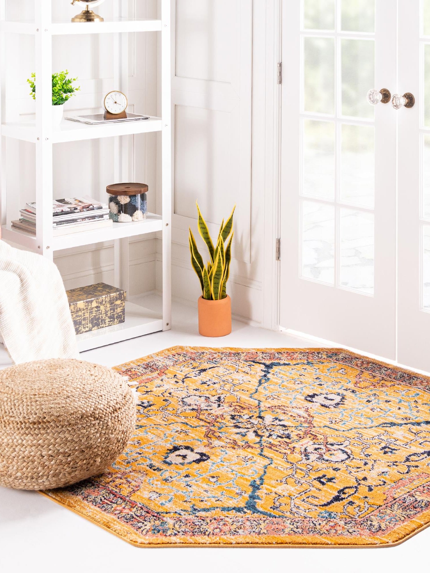 Yellow 3' 11 x 3' 11 Lola Octagon Area Rug Polypropylene With Jute Backing Traditional Pattern Easy Clean Carpet for Home Interior Design for Sale at Rug Engine