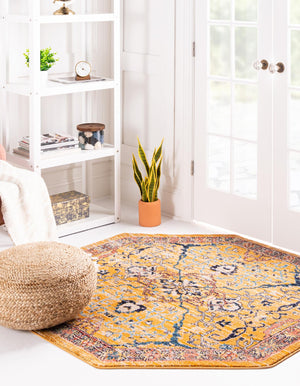 Yellow 3' 11 x 3' 11 Lola Octagon Area Rug Polypropylene With Jute Backing Traditional Pattern Easy Clean Carpet for Home Interior Design for Sale at Rug Engine