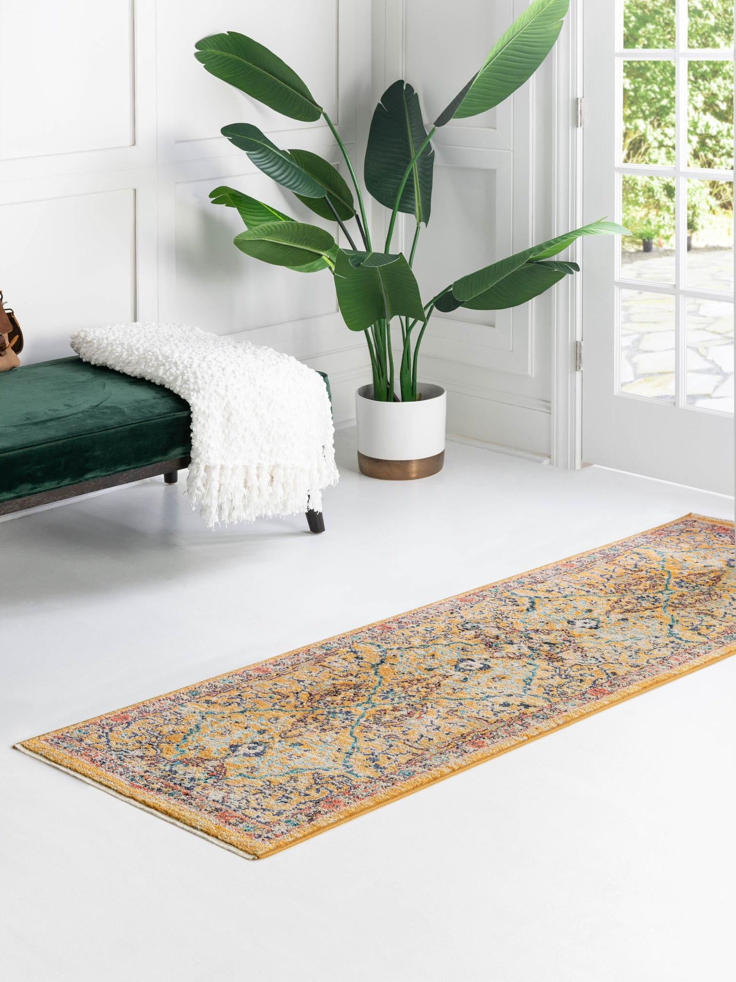 Yellow 2' x 5' 11 Lola Runner Area Rug Polypropylene With Jute Backing Traditional Pattern Easy Clean Carpet for Home Interior Design for Sale at Rug Engine