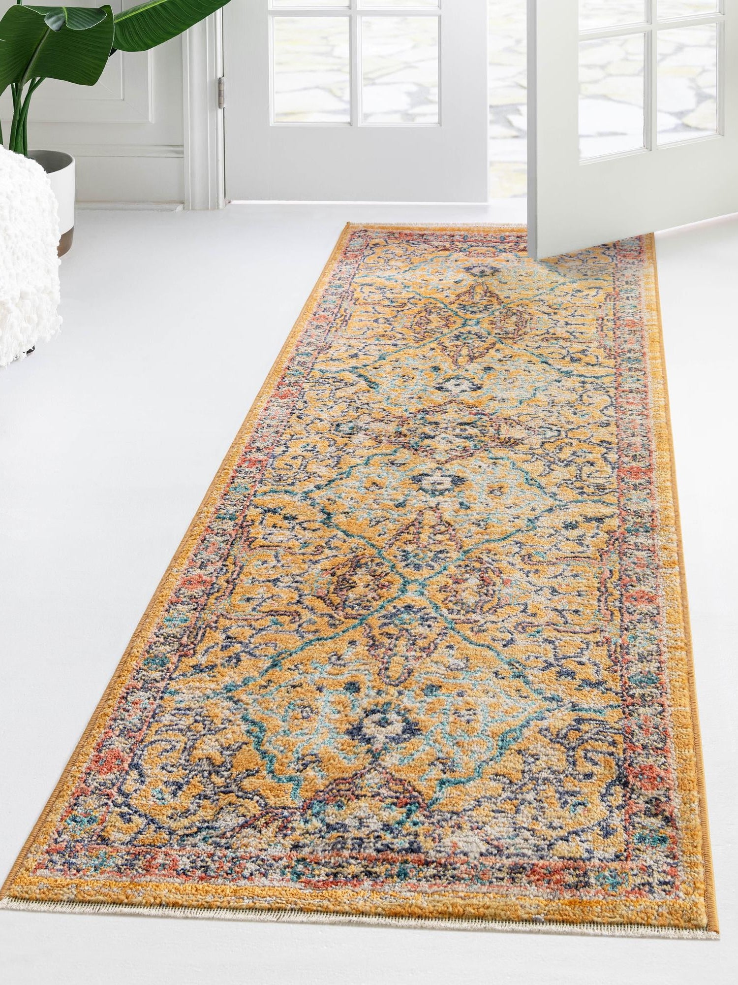 Yellow 2' x 8' Lola Runner Area Rug Polypropylene With Jute Backing Traditional Pattern Easy Clean Carpet for Home Interior Design for Sale at Rug Engine