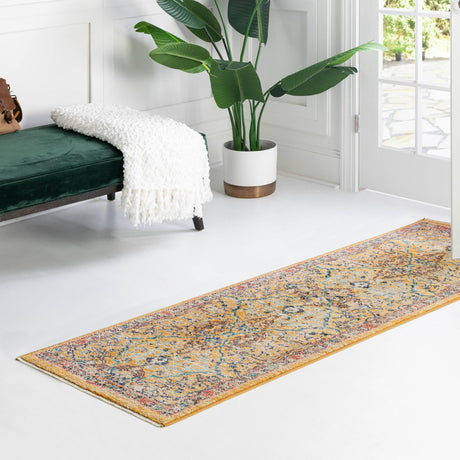 Yellow 2' x 13' Lola Runner Area Rug Polypropylene With Jute Backing Traditional Pattern Easy Clean Carpet for Home Interior Design for Sale at Rug Engine