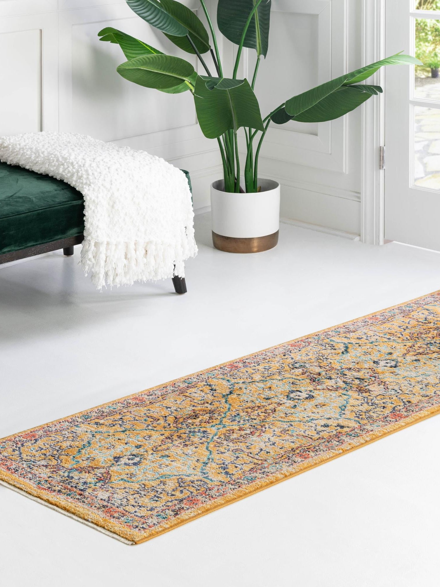 Yellow 2' 7 x 10' 2 Lola Runner Area Rug Polypropylene With Jute Backing Traditional Pattern Easy Clean Carpet for Home Interior Design for Sale at Rug Engine