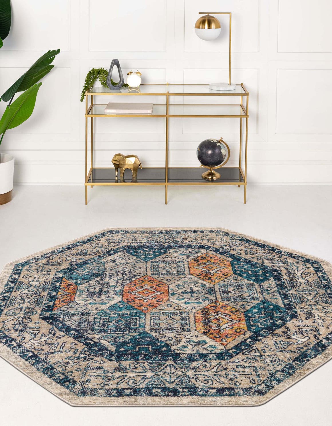 Multicolor 5' x 5' Lola Octagon Area Rug Polypropylene With Jute Backing Traditional Pattern Easy Clean Carpet for Home Interior Design for Sale at Rug Engine