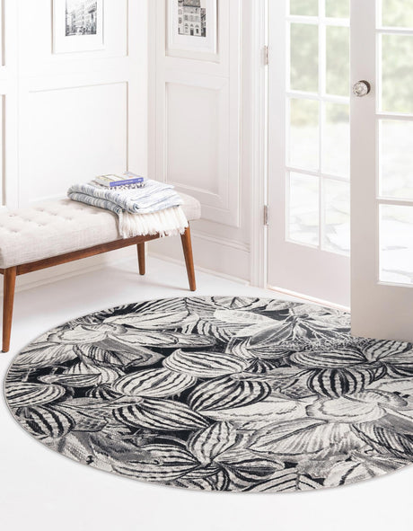 Charcoal 5' 3 x 5' 3 Blossom Round Area Rug 100% Polypropylene With Cotton Backing Easy Clean Colorful Blooming Blossoming Flower Floral Plant Carpet for Living Dining Room Office Dorms for Sale at Rug Engine