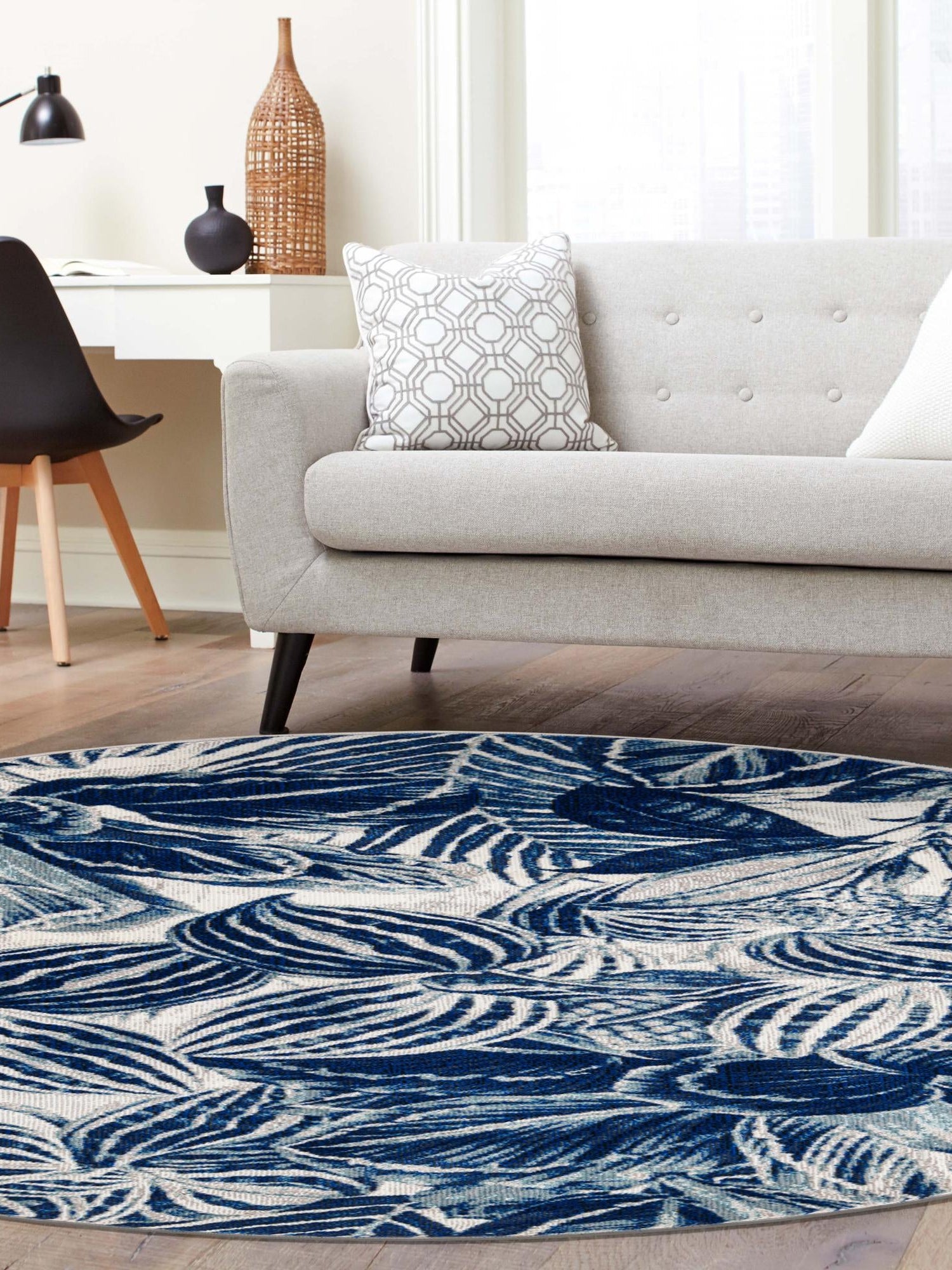 Navy Blue 5' 3 x 5' 3 Blossom Round Area Rug 100% Polypropylene With Cotton Backing Easy Clean Colorful Blooming Blossoming Flower Floral Plant Carpet for Living Dining Room Office Dorms for Sale at Rug Engine