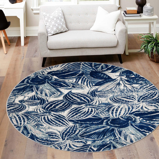 Navy Blue 10' x 10' Blossom Round Area Rug 100% Polypropylene With Cotton Backing Easy Clean Colorful Blooming Blossoming Flower Floral Plant Carpet for Living Dining Room Office Dorms for Sale at Rug Engine