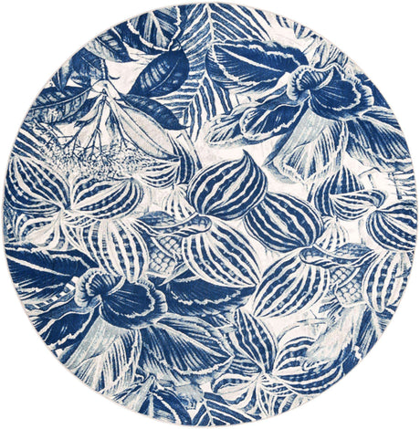 Navy Blue 7' x 7' Blossom Round Area Rug 100% Polypropylene With Cotton Backing Easy Clean Colorful Blooming Blossoming Flower Floral Plant Carpet for Living Dining Room Office Dorms for Sale at Rug Engine