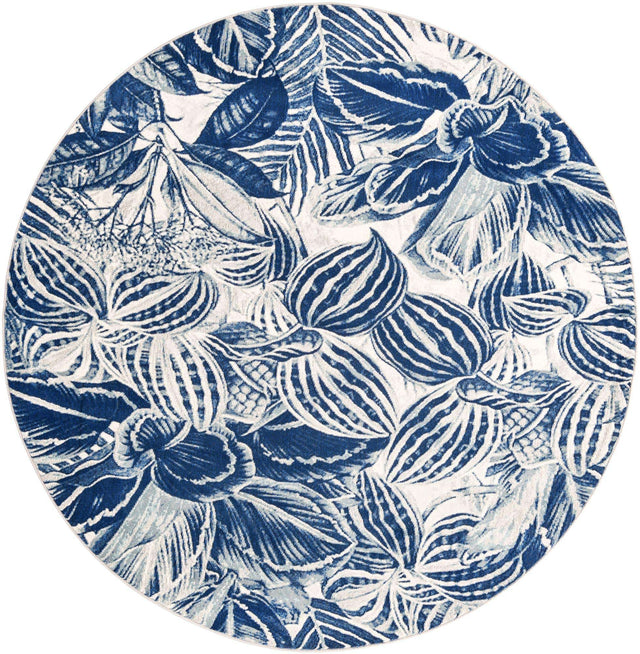 Navy Blue 7' x 7' Blossom Round Area Rug 100% Polypropylene With Cotton Backing Easy Clean Colorful Blooming Blossoming Flower Floral Plant Carpet for Living Dining Room Office Dorms for Sale at Rug Engine