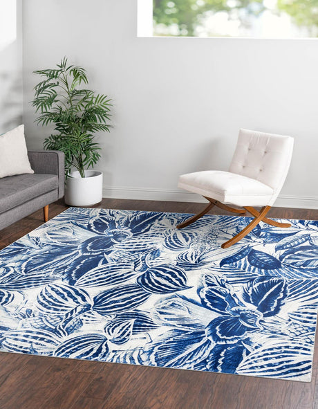 Navy Blue 10' x 10' Blossom Square Area Rug 100% Polypropylene With Cotton Backing Easy Clean Colorful Blooming Blossoming Flower Floral Plant Carpet for Living Dining Room Office Dorms for Sale at Rug Engine