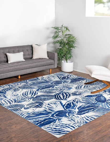 Navy Blue 10' x 10' Blossom Square Area Rug 100% Polypropylene With Cotton Backing Easy Clean Colorful Blooming Blossoming Flower Floral Plant Carpet for Living Dining Room Office Dorms for Sale at Rug Engine