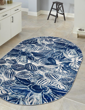 Navy Blue 4' x 6' Blossom Oval Area Rug 100% Polypropylene With Cotton Backing Easy Clean Colorful Blooming Blossoming Flower Floral Plant Carpet for Living Dining Room Office Dorms for Sale at Rug Engine