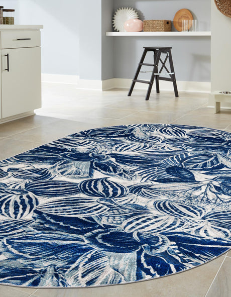 Navy Blue 7' 10 x 10' Blossom Oval Area Rug 100% Polypropylene With Cotton Backing Easy Clean Colorful Blooming Blossoming Flower Floral Plant Carpet for Living Dining Room Office Dorms for Sale at Rug Engine