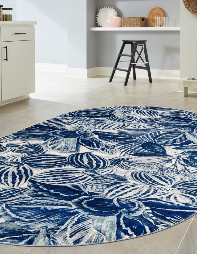 Navy Blue 7' 10 x 10' Blossom Oval Area Rug 100% Polypropylene With Cotton Backing Easy Clean Colorful Blooming Blossoming Flower Floral Plant Carpet for Living Dining Room Office Dorms for Sale at Rug Engine