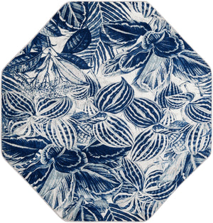 Navy Blue 6' x 6' Blossom Octagon Area Rug 100% Polypropylene With Cotton Backing Easy Clean Colorful Blooming Blossoming Flower Floral Plant Carpet for Living Dining Room Office Dorms for Sale at Rug Engine