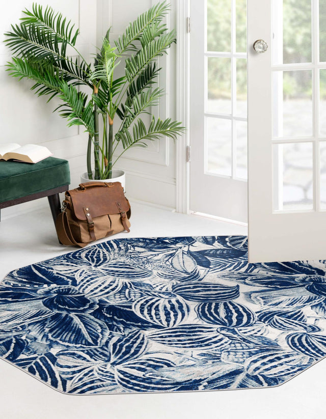 Navy Blue 6' x 6' Blossom Octagon Area Rug 100% Polypropylene With Cotton Backing Easy Clean Colorful Blooming Blossoming Flower Floral Plant Carpet for Living Dining Room Office Dorms for Sale at Rug Engine